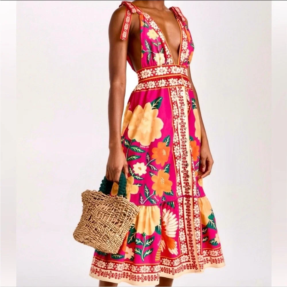 FARM Rio Pink Floral Tie-Shoulder Midi Dress - Picture 3 of 5